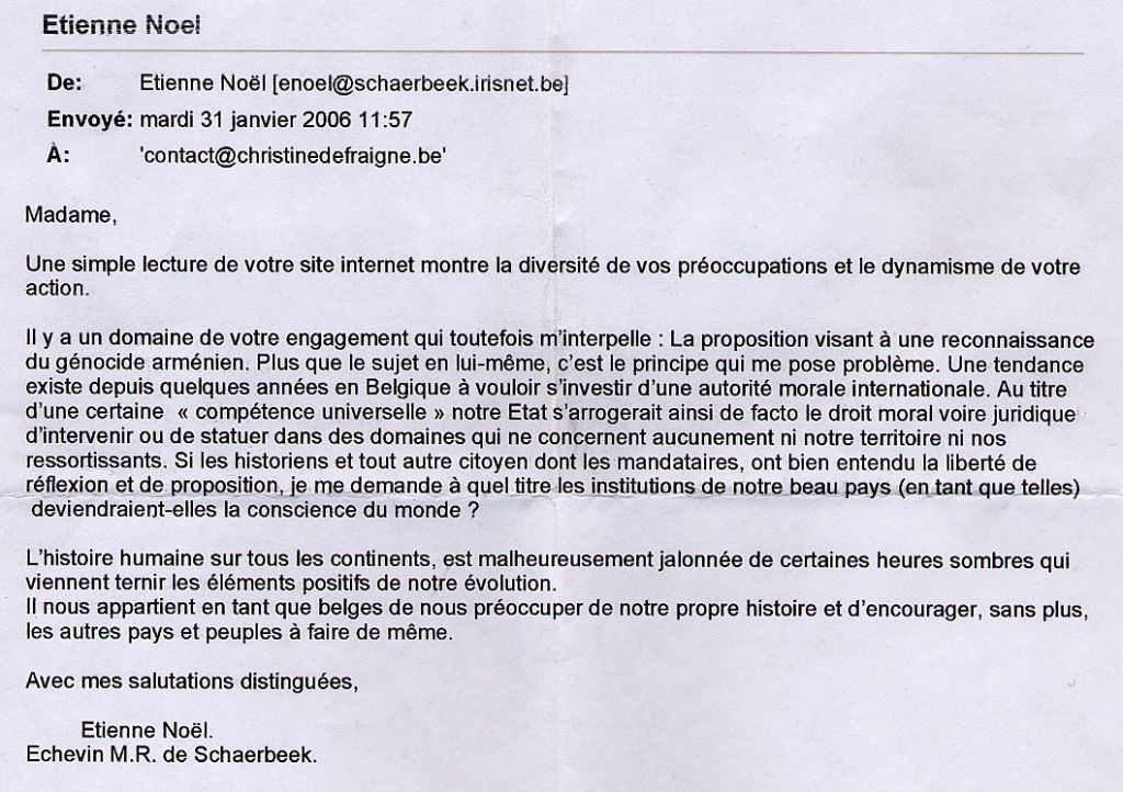 Génocide Arménien : Pour l&rsquo;ex-PSC Etienne Noël, échevin schaerbekois en campagane, la Belgique ferait mieux de s&rsquo;en laver les mains