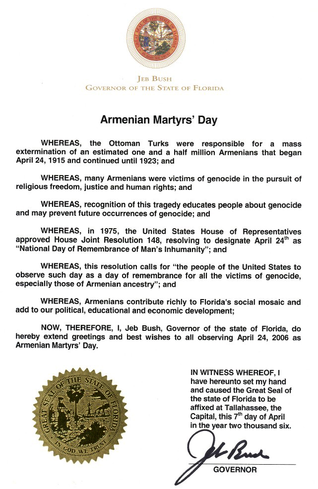 Proclamation du Gouverneur de Floride sur le Génocide