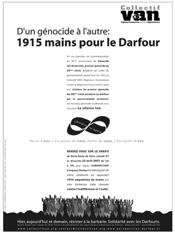 D&rsquo;un génocide à l&rsquo;autre : 1915 mains pour le Darfour