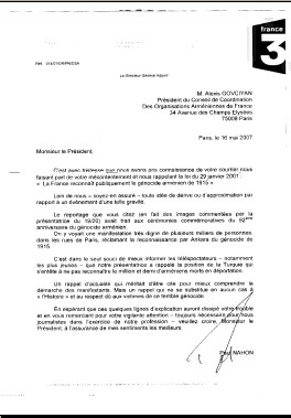 Génocide arménien : La réponse de FR3 au CCAF