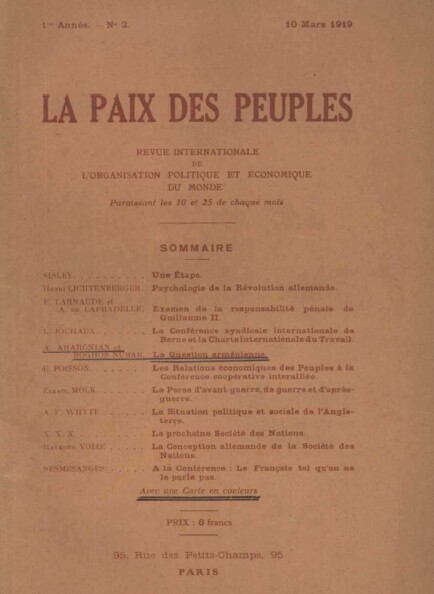 La Paix des Peuples – La question arménienne – 1919