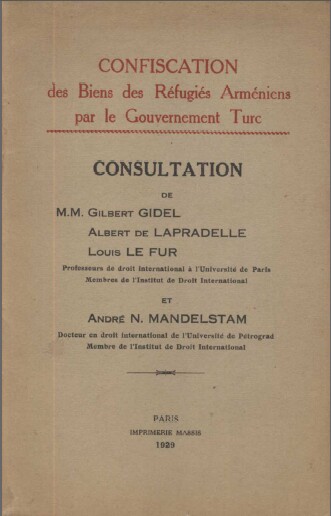 Confiscation des biens des réfugiés arméniens par le Gouvernement Turc – Mandelstam – 1929