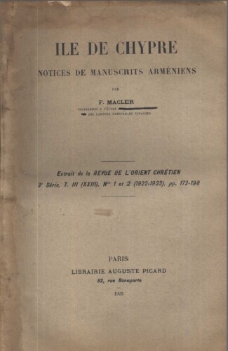 ILe de Chypre , notices de manuscrits arméniens, Macler 1923