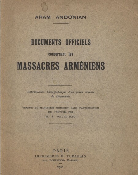 Documents officiels concernant les massacres arméniens – Aram Andonian – 1920