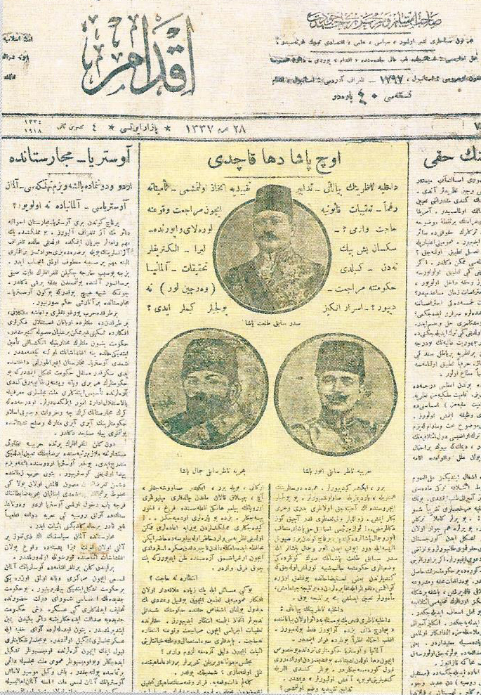 Ikdam journal turc, annonçant en première page la fuite à l&rsquo;étranger de Talat Enver et Djemal