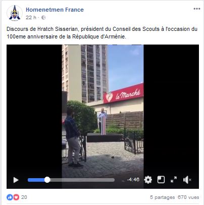 Discours de Hratch Sisserian, président du Conseil des Scouts à l&rsquo;occasion du 100eme anniversaire de la République d&rsquo;Arménie.