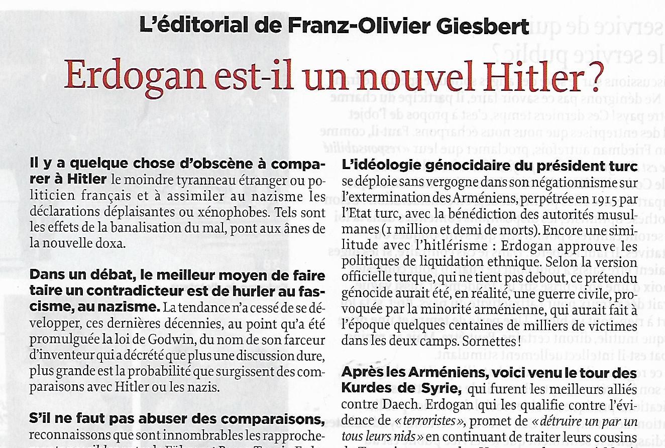 L&rsquo;éditorial de Franz-Olivier Giesbert dans « Le Point » : « Erdogan est-il un nouvel Hitler » avec rappel du génocide des Arméniens