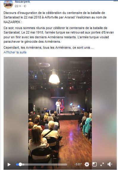 Discours d&rsquo;inauguration de la célébration du centenaire de la bataille de Sartarabad le 22 mai 2018 à Alfortville