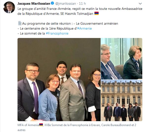 Le groupe d&rsquo;amitié France-Arménie, reçoit ce matin la toute nouvelle Ambassadrice de la République d&rsquo;Armenie, SE Hasmik Tolmadjian