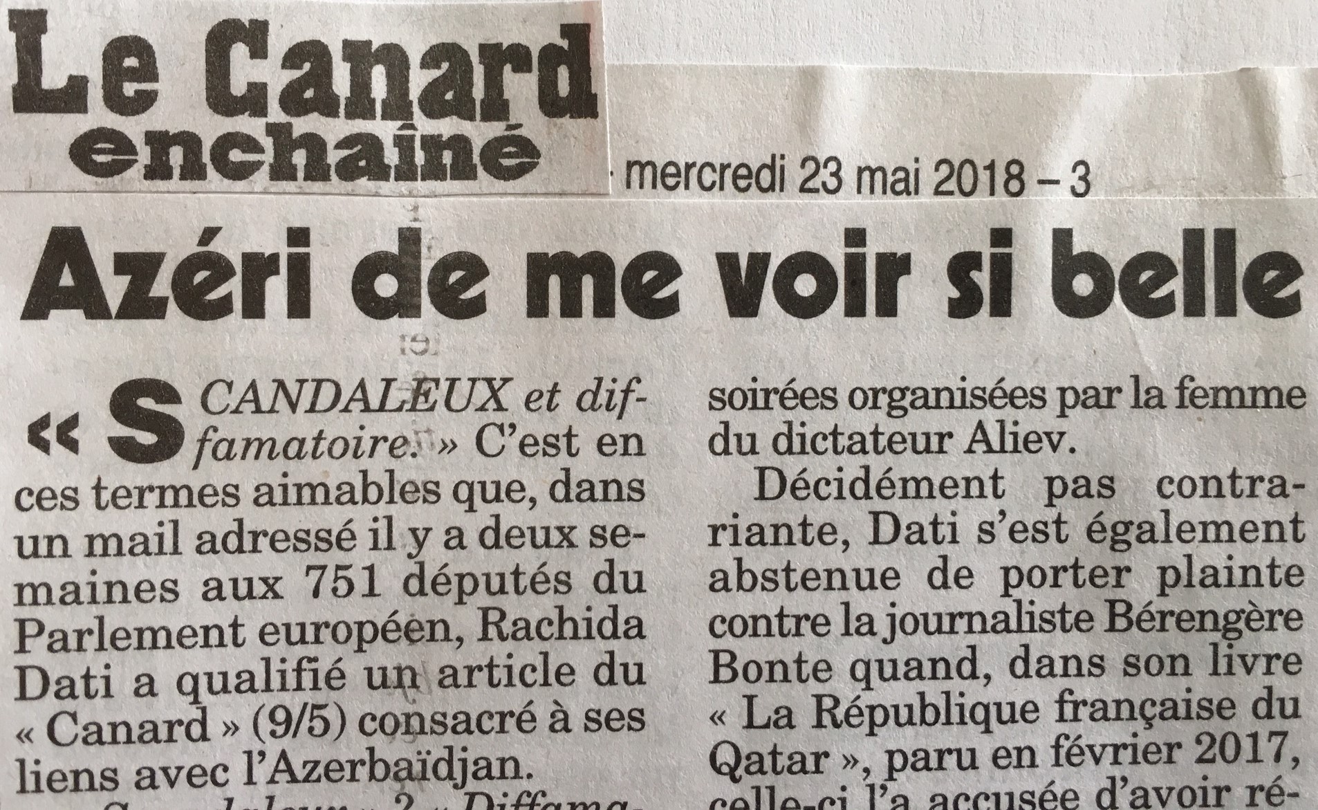 « Le Canard Enchaîné » : sous un article titré « Azéri de me voir si belle » tacle encore Rachida Dati