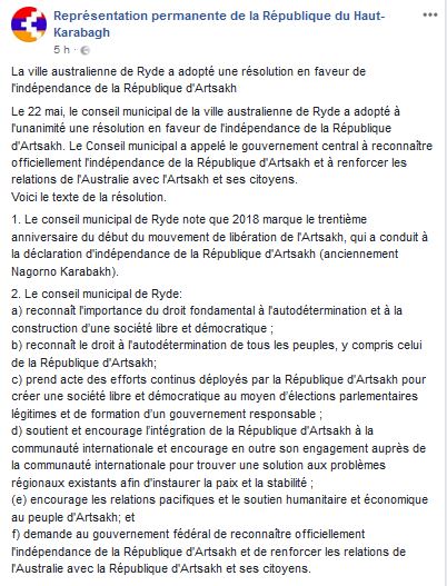 La ville australienne de Ryde a adopté une résolution en faveur de l&rsquo;indépendance de la République d&rsquo;Artsakh