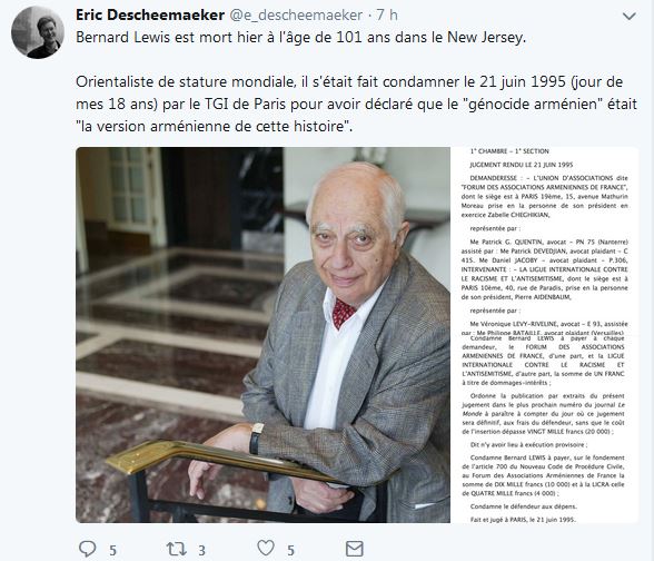 Bernard Lewis est mort hier à l&rsquo;âge de 101 ans dans le New Jersey