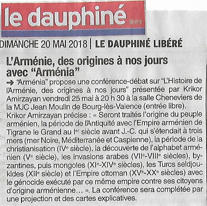 Le Dauphiné Libéré (édition de Valence): l&rsquo;Arménie des origines à nos jours avec « Arménia »