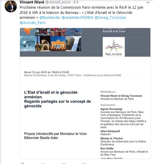 Prochaine réunion de la Commission Paris-Arménie avec le RAJF le 12 juin 2018 à 19h à la Maison du Barreau : « L&rsquo;Etat d&rsquo;Israël et le Génocide arménien »