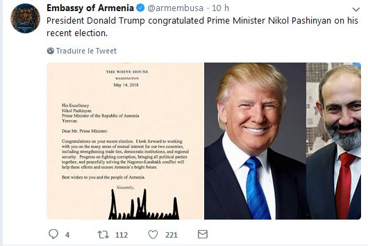 Le président Donald Trump a félicité le premier ministre Nikol Pashinyan pour sa récente élection.