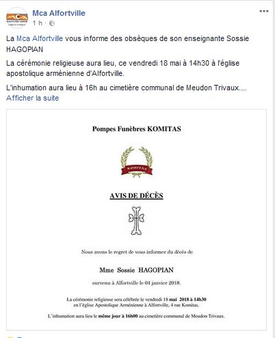 La Mca Alfortville vous informe des obsèques de son enseignante Sossie HAGOPIAN