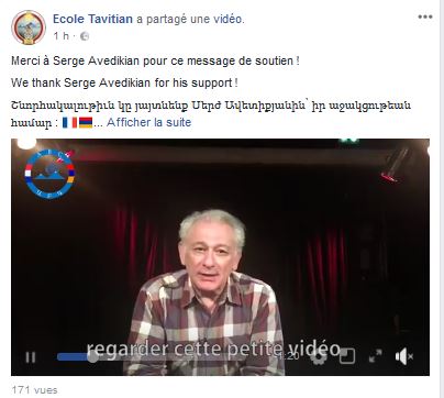 Ecole Tavitian :Merci à Serge Avedikian pour ce message de soutien !