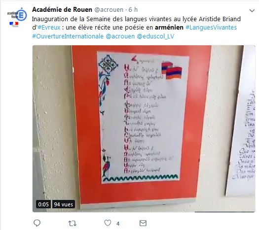 Inauguration de la Semaine des langues vivantes au lycée Aristide Briand d&rsquo;Evreux : une élève récite une poésie en arménien