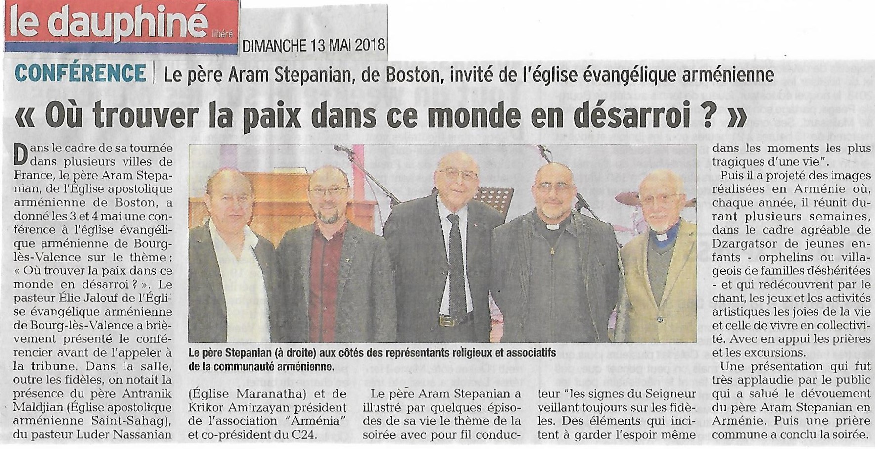 Le Dauphiné Libéré (édition de Valence) : Conférence du père Aram Stepanian à Valence