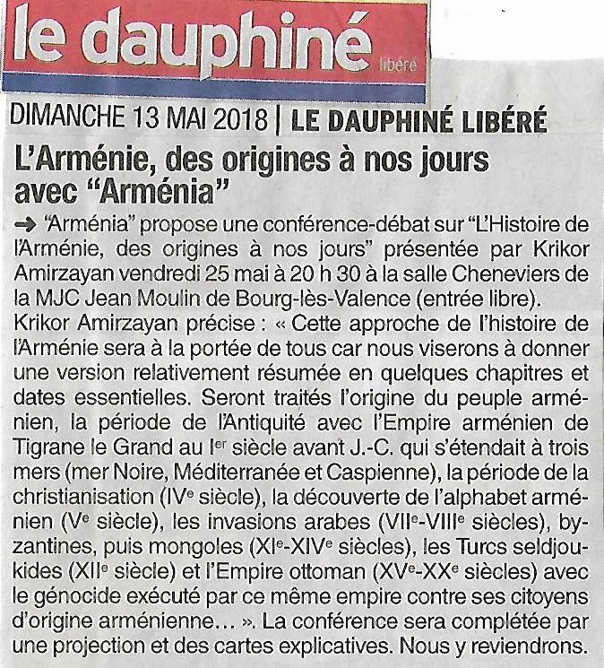 Le Dauphiné Libéré (édition de Valence) : conférence « L&rsquo;Arménie, des origines à nos jours avec Arménia »