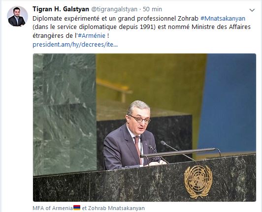 Diplomate expérimenté et un grand professionnel Zohrab Mnatsakanyan (dans le service diplomatique depuis 1991) est nommé Ministre des Affaires étrangères de l&rsquo;Arménie !