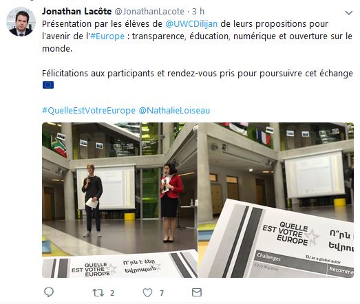 Présentation par les élèves de UWC Dilijan de leurs propositions pour l&rsquo;avenir de l&rsquo;Europe