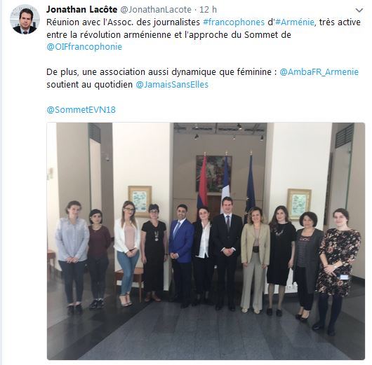 Jonathan Lacôte ‏ : Réunion avec l&rsquo;Association des journalistes francophones d&rsquo;Arménie