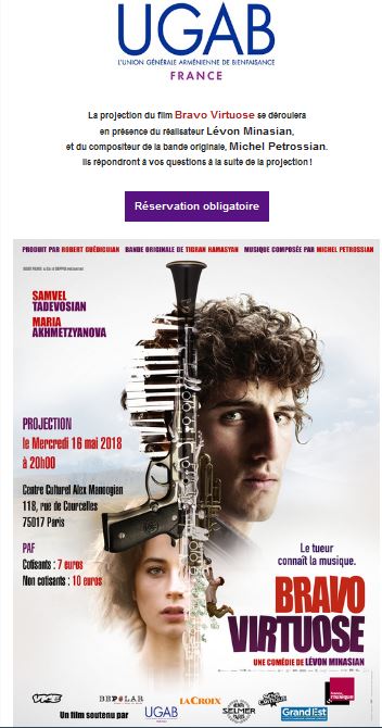 Projection du film Bravo Virtuose en présence de Levon Minasian et Michel Petrossian, le 16 mai 2018 à 20h.