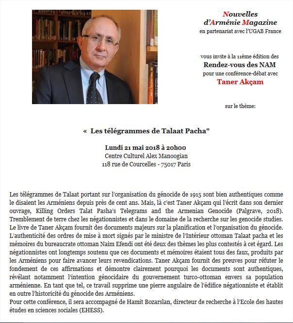 11ème rendez-vous des NAM avec Taner Akçam sur le thème : « Les télégrammes de Talaat Pacha » le 21 mai 2018