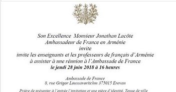 Son Excellence Monsieur Jonathan Lacôte Ambassadeur de France en Arménie invite les enseignants et les professeurs de français d&rsquo;Arménie
