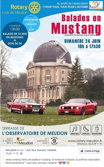 Venez nombreux faire une balade en Mustang, ce dimanche à Meudon, au profit de l&rsquo;association franco-arménienne 1 pour tous, tous pour l&rsquo;autisme
