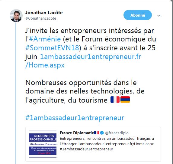 Jonathan Lacôte ‏ : J&rsquo;invite les entrepreneurs intéressés par l&rsquo;Arménie (et le Forum économique du SommetEVN18) à s&rsquo;inscrire avant le 25 juin