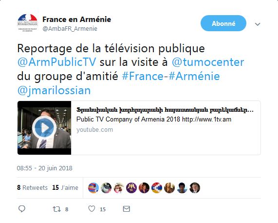Reportage de la télévision publique sur la visite du Centre tumo par le groupe d&rsquo;amitié France-Arménie