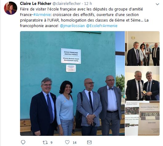 Claire Le Flécher ‏ : Fière de visiter l&rsquo;école française avec les députés du groupe d&rsquo;amitié France-Arménie