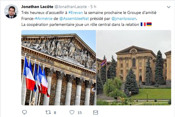 Très heureux d&rsquo;accueillir à Erevan la semaine prochaine le Groupe d&rsquo;amitié France-Arménie