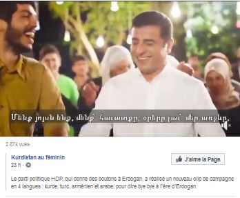 Le parti politique HDP, qui donne des boutons à Erdogan, a réalisé un nouveau clip de campagne en 4 langues : kurde, turc, arménien et arabe, pour dire bye bye à l&rsquo;ère d&rsquo;Erdogan.