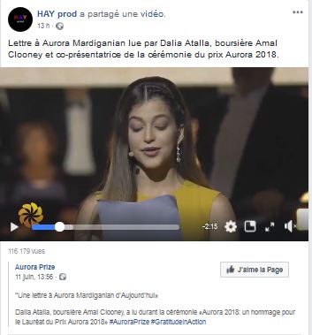 Lettre à Aurora Mardiganian lue par Dalia Atalla, boursière Amal Clooney et co-présentatrice de la cérémonie du prix Aurora 2018.