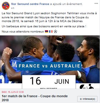 Le Nor Seround Grand Lyon section Soghomon Tehlirian vous invite à suivre le premier match de l&rsquo;équipe de France
