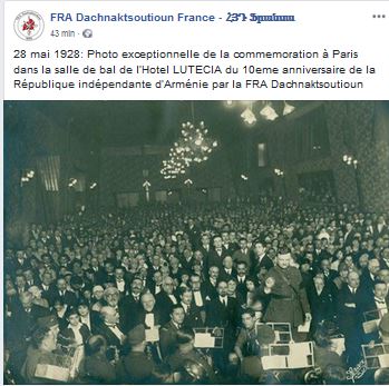 28 mai 1928: Photo exceptionnelle de la commémoration à Paris dans la salle de bal de l&rsquo;Hotel LUTECIA du 10eme anniversaire de la République indépendante d&rsquo;Arménie par la FRA Dachnaktsoutioun