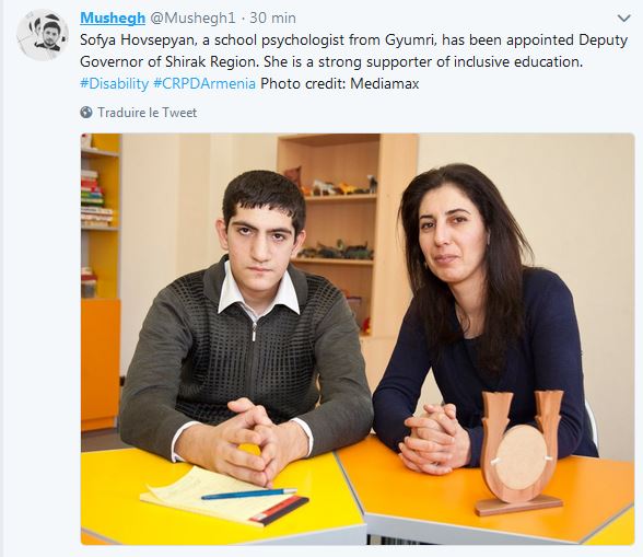 Sofya Hovsepyan, psychologue scolaire de Gyumri, a été nommé vice-gouverneur de la région de Shirak. Elle est une fervente partisane de l&rsquo;éducation inclusive.