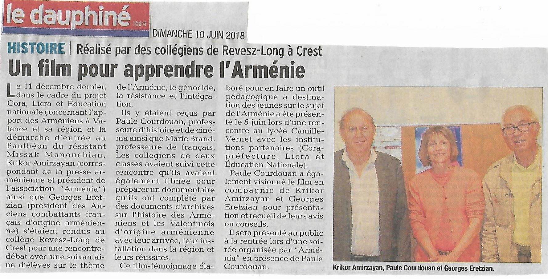 Le Dauphiné Libéré (édition de Valence) : Un film pour l&rsquo;Arménie réalisé par les collégiens de Crest (Drôme)