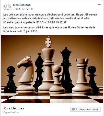 Les pré inscriptions pour les cours d&rsquo;échec sont ouvertes