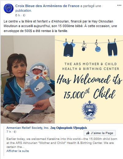 Le centre « la Mère et l&rsquo;enfant » d&rsquo;Akhourian, financé par le Hay Oknoutian Mioutioun a accueilli aujourd&rsquo;hui, son 15 000ème bébé