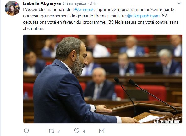 L&rsquo;Assemblée nationale de l&rsquo;Arménie a approuvé le programme présenté par le nouveau gouvernement dirigé par le Premier ministre