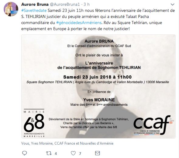 Samedi 23 juin 11h nous fêterons l&rsquo;anniversaire de l&rsquo;acquittement de S. TEHLIRIAN justicier du peuple arménien qui a exécuté Talaat Pacha