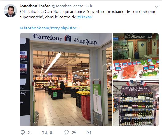 Félicitations à Carrefour qui annonce l&rsquo;ouverture prochaine de son deuxième supermarché, dans le centre d&rsquo;Erevan.