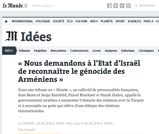 «Nous demandons à l&rsquo;Etat d&rsquo;Israël de reconnaître le génocide des Arméniens»