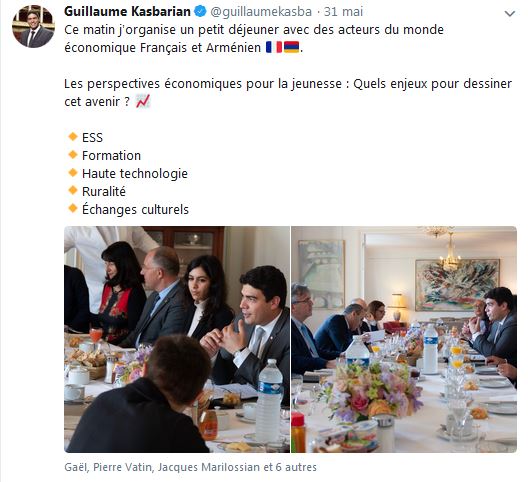 Guillaume Kasbarian ‏: Ce matin j&rsquo;organise un petit déjeuner avec des acteurs du monde économique Français et Arménien