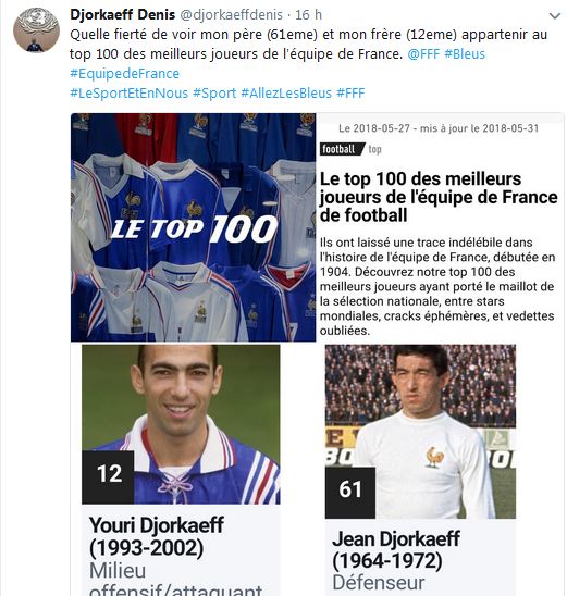Denis Djorkaeff :Quelle fierté de voir mon père (61eme) et mon frère (12eme) appartenir au top 100 des meilleurs joueurs de l&rsquo;équipe de France