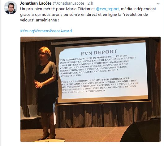 Un prix bien mérité pour Maria Titizian et EVN Report, média indépendant grâce à qui nous avons pu suivre en direct et en ligne la révolution de velours arménienne !